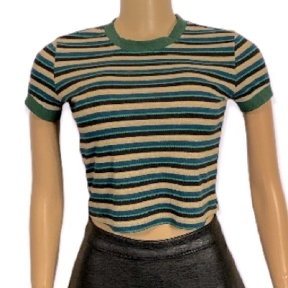 PacSun Basic top striped cropped green black and gold Shimmer size Small - Picture 2 of 16